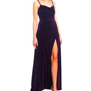 Cowl Neck Velvet Faux-Wrap Skirt Front High Slit L